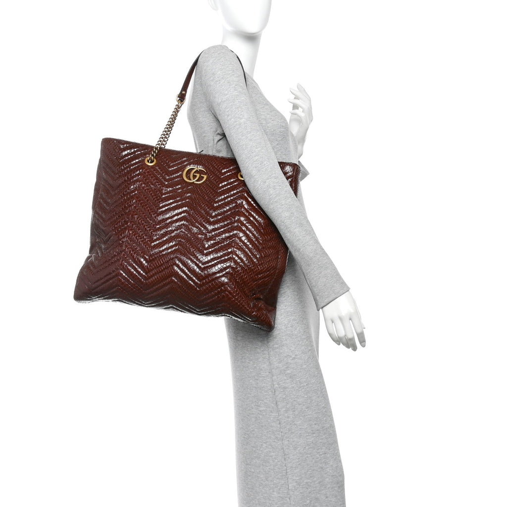 Snakeskin Matelasse Large GG Marmont Slim Tote Brown