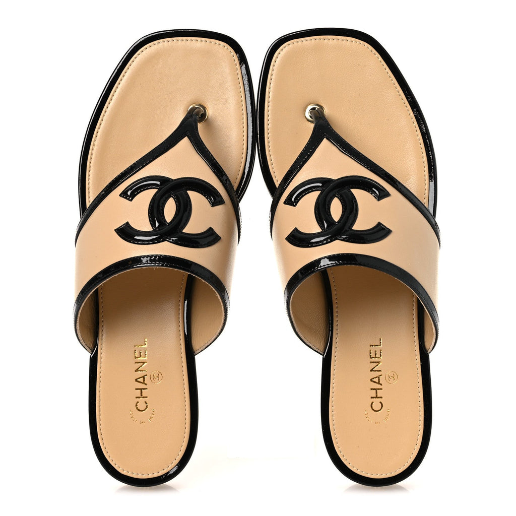 Lambskin Patent Calfskin CC Thong Sandals 38 Beige Black
