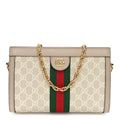 GG Supreme Monogram Textured Dollar Calfskin Web Small Ophidia Chain Shoulder Bag Beige Mystic White Oatmeal