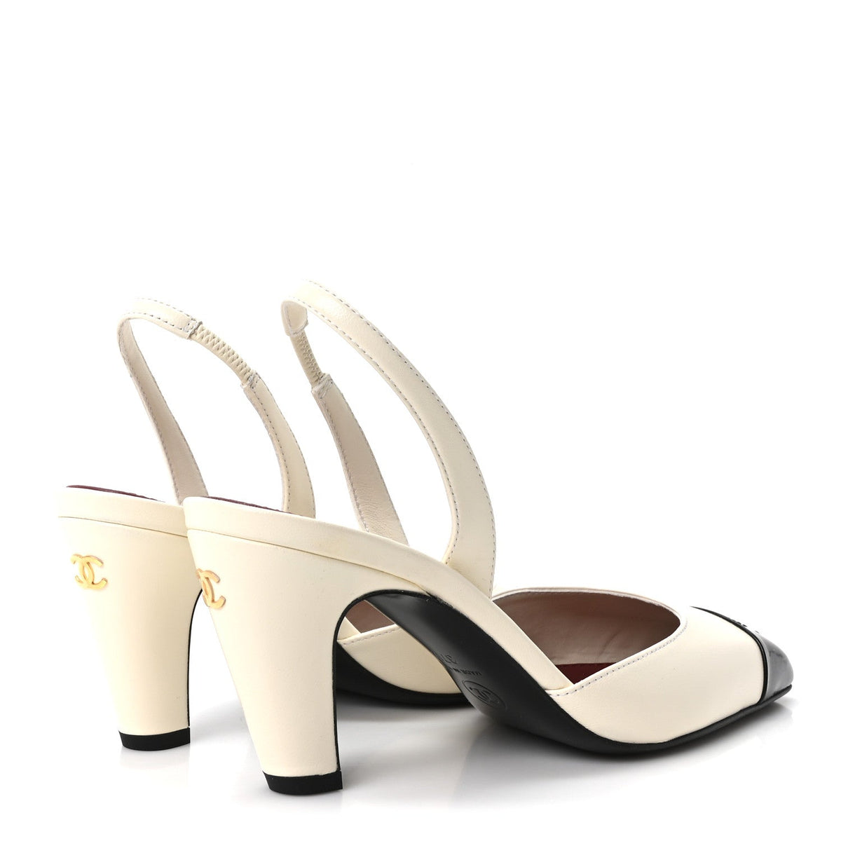 Lambskin Patent Calfskin Cap Toe CC Slingback Pumps 37.5 Ivory Black