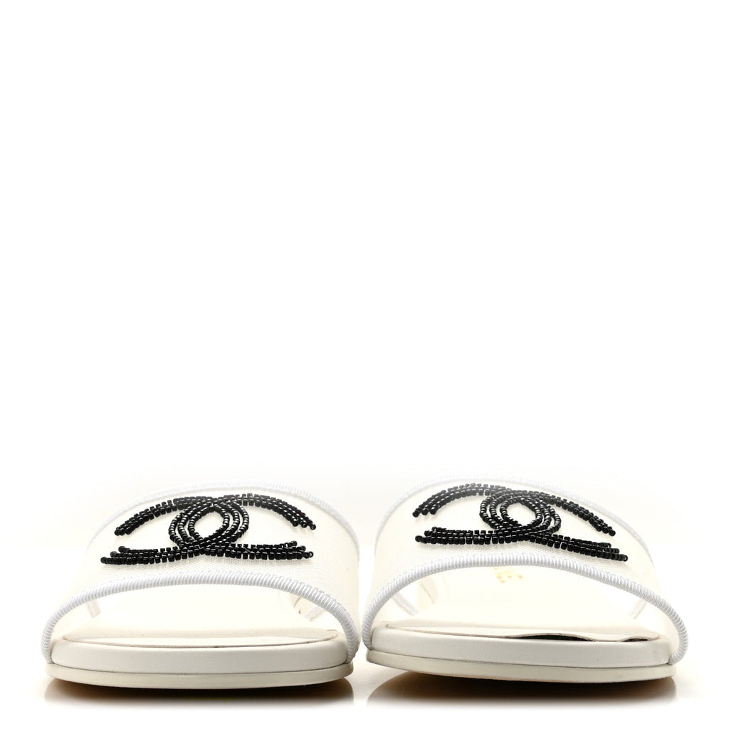 Mesh Glass Beaded CC Sandal Mules 37.5 White Black