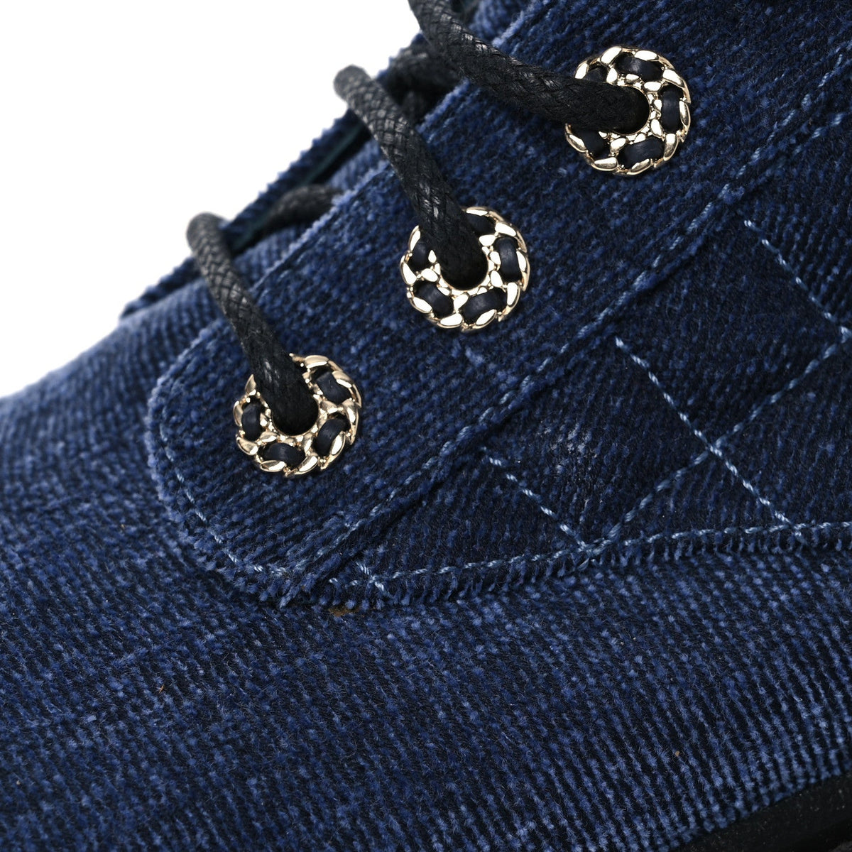 Shiny Calfskin Velvet Quilted Lace Up Combat Boots 39.5 Blue Black