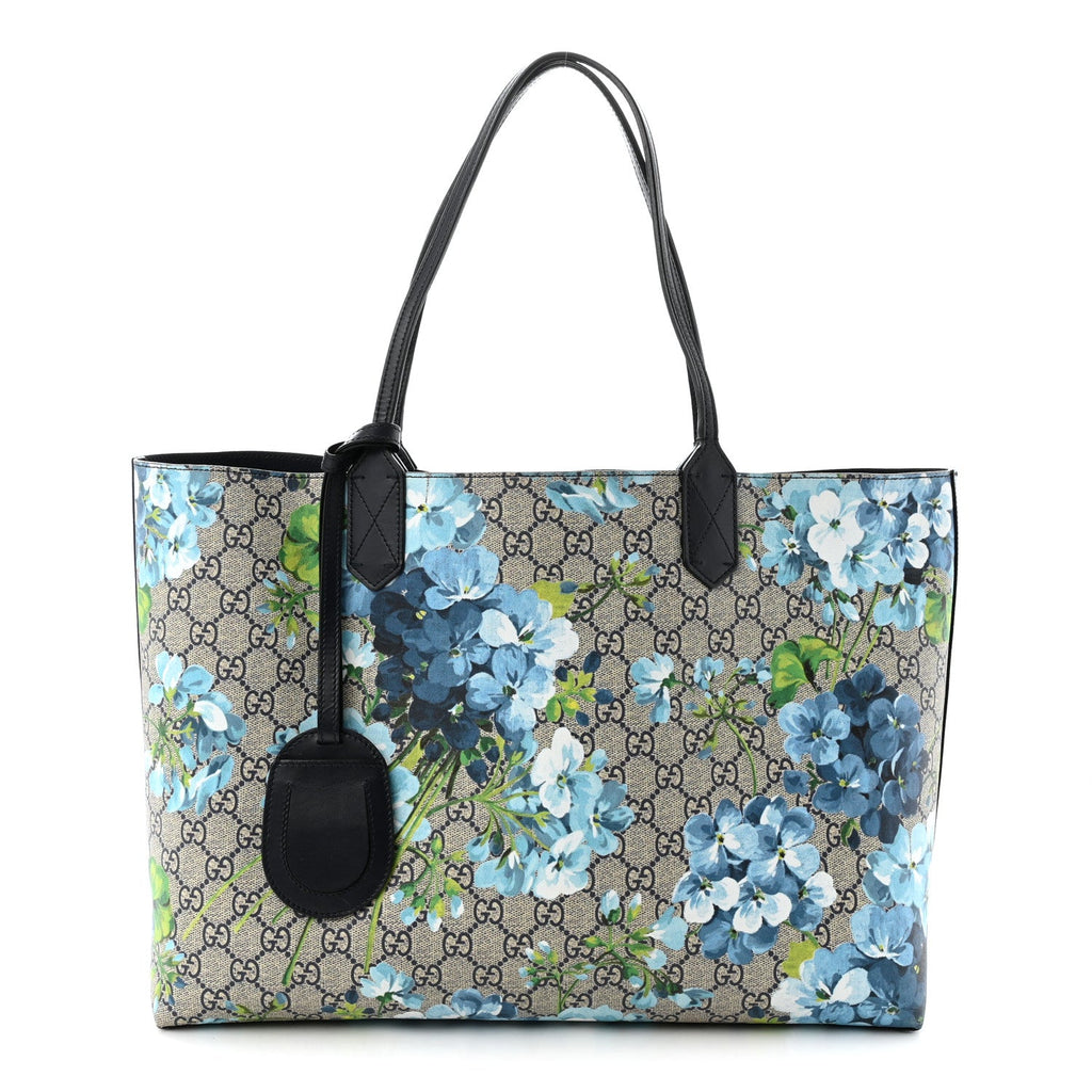 GG Supreme Monogram Blooms Medium Reversible Tote Beige Blue Navy