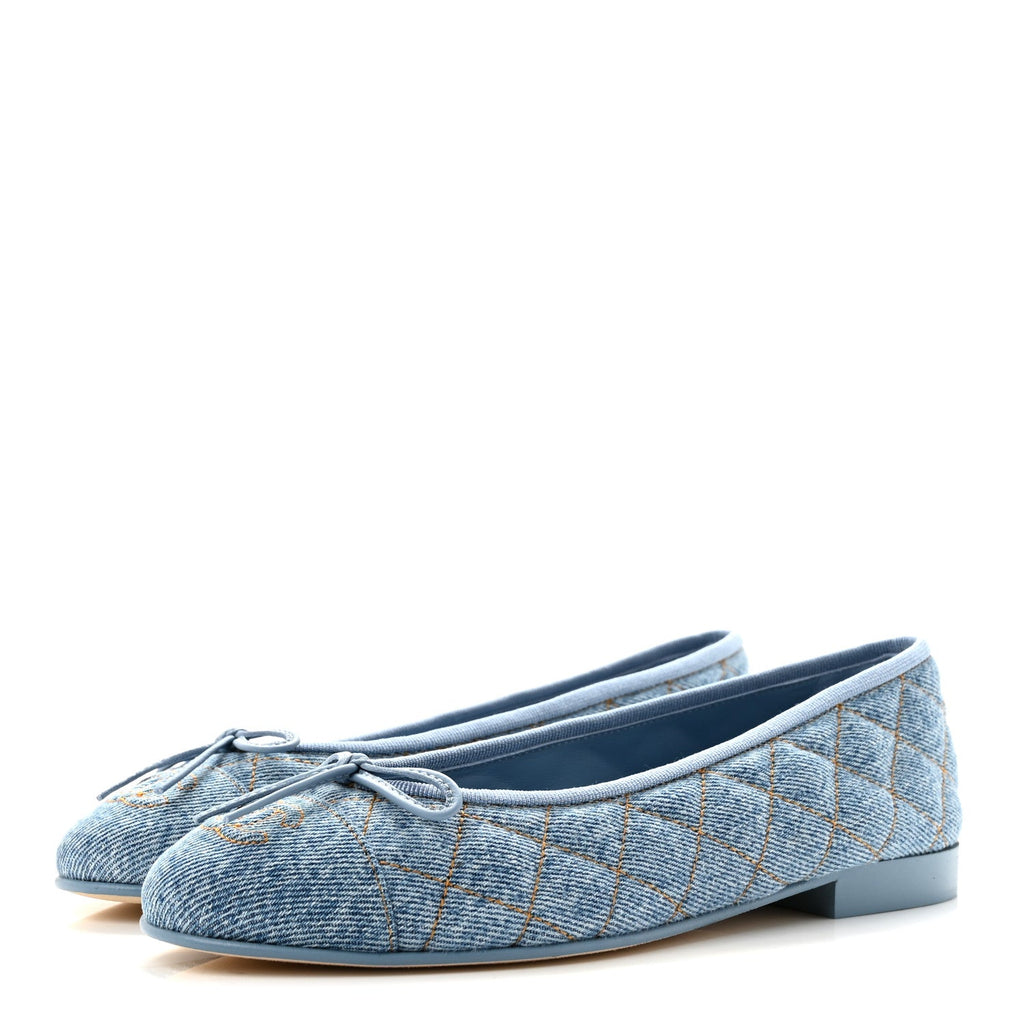 Denim Quilted CC Cap Toe Ballerina Flats 36.5 Light Blue