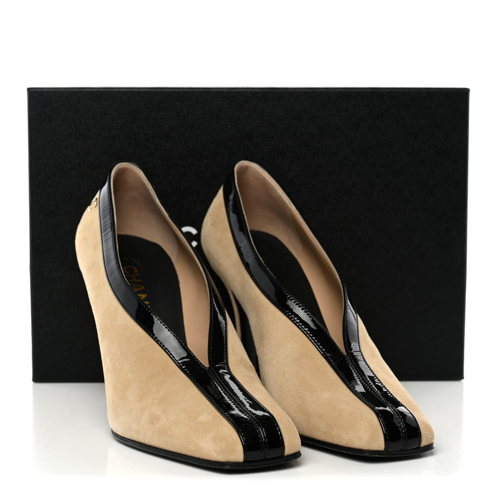 Suede Patent Calfskin Pumps 39.5 Beige Black