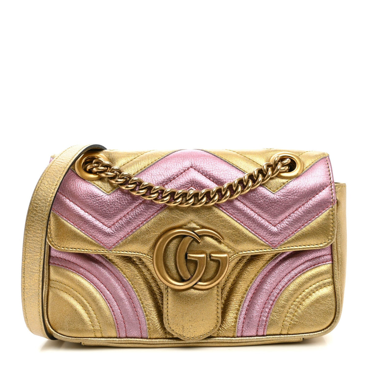 Metallic Calfskin Matelasse Mini GG Marmont Shoulder Bag Gold Pink