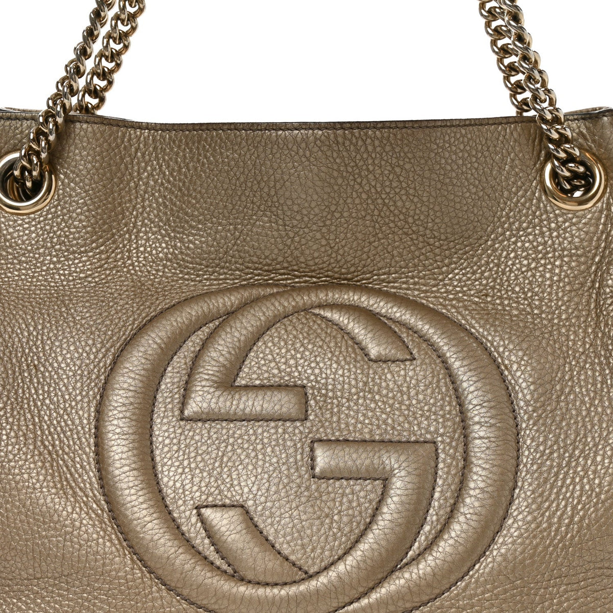 Metallic Pebbled Calfskin Medium Soho Chain Shoulder Bag Golden Beige