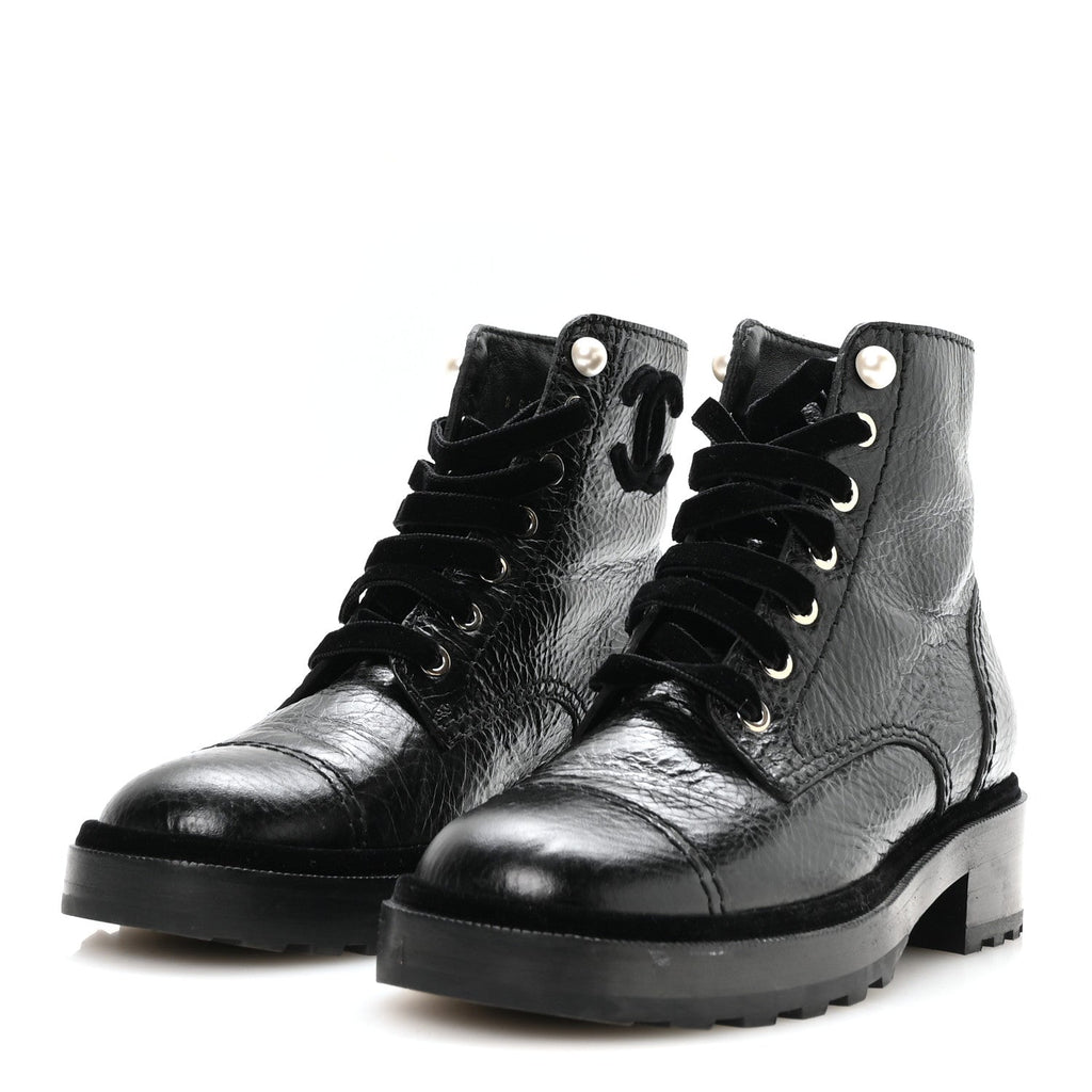 Shiny Calfskin Velvet Pearl Combat Short Boots 37.5 Black