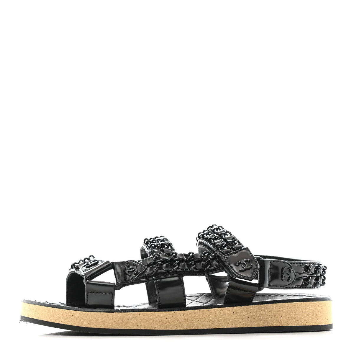 Laminated Goatskin Chain Sandals 35 Black