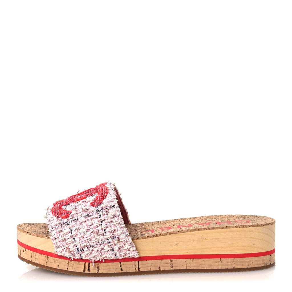 Tweed Lambskin Cork CC Mule Sandals 36 Pink Red