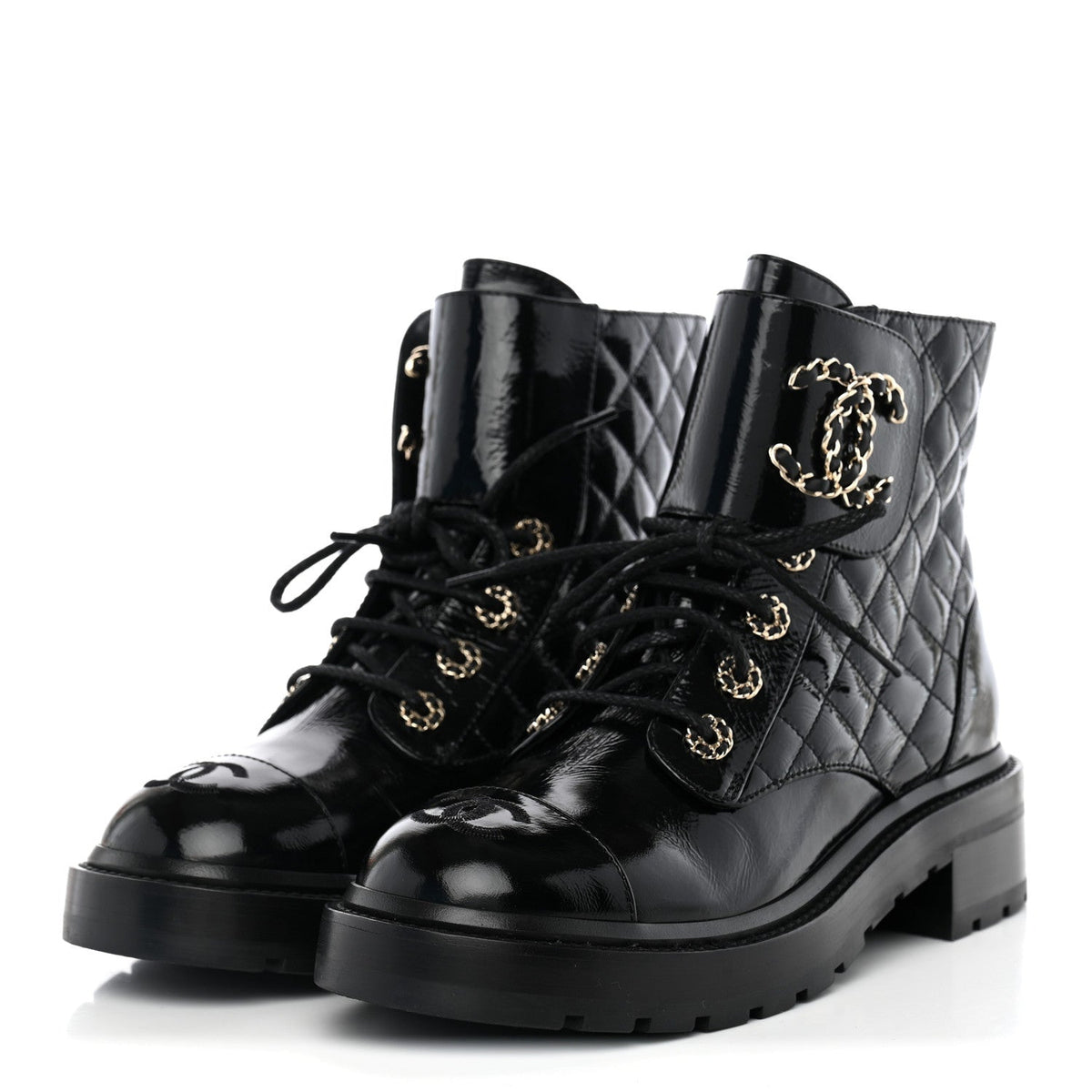 Shiny Goatskin Calfskin Quilted Lace Up Combat Boots 38 Black