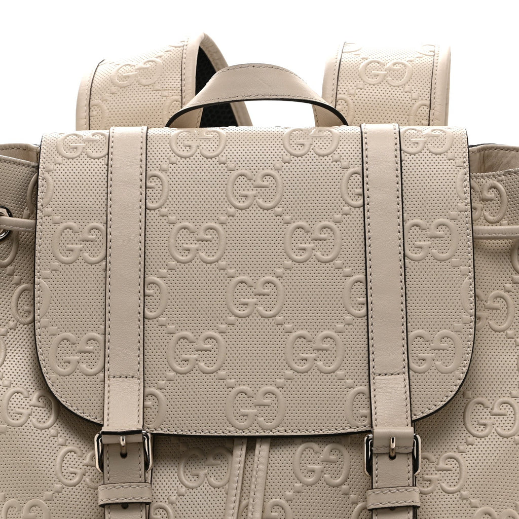 Piuma Calfskin Jumbo GG Embossed Double Buckle Backpack Mystic White