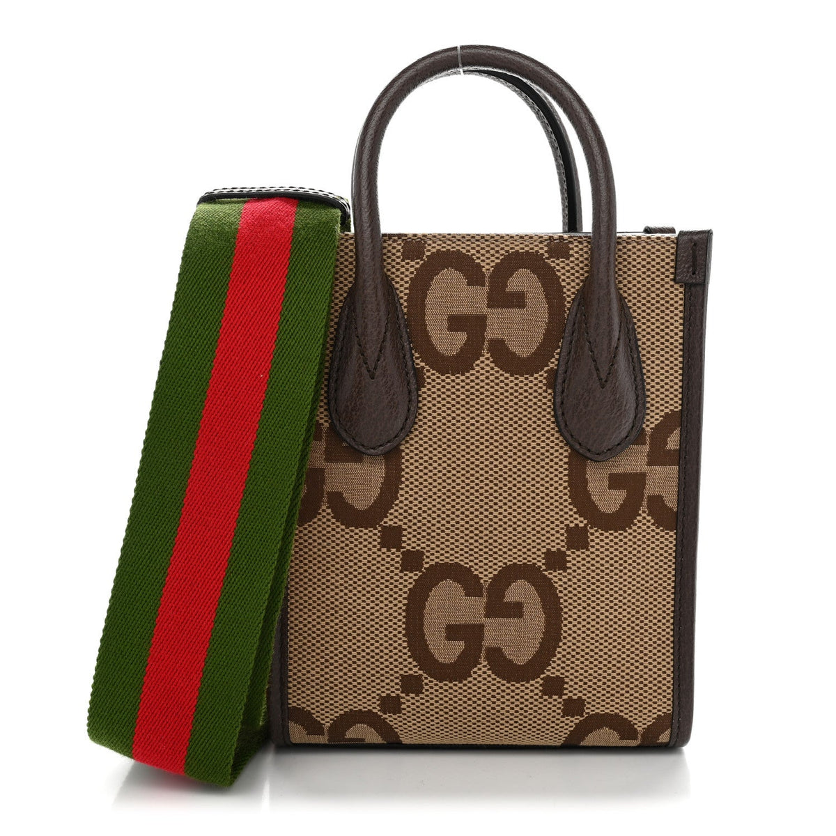 Monogram Jumbo GG Textured Dollar Calfskin Web Mini Vertical Tote Camel Ebony New Acero