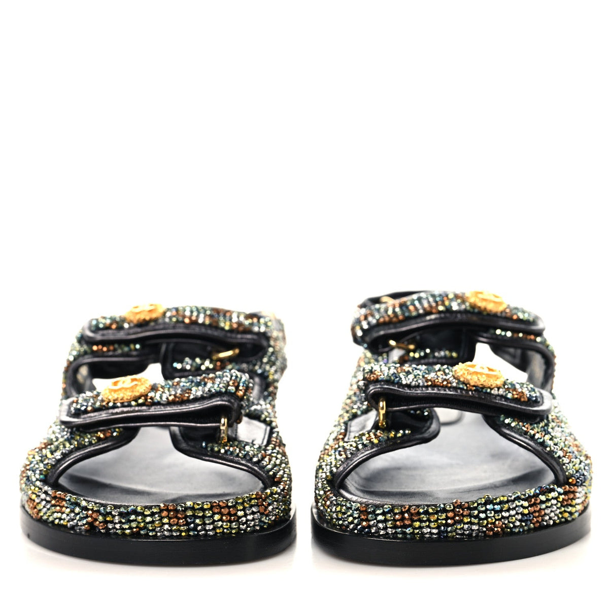 Grained Calfskin Crystal Velcro Dad Sandals 36.5 Black Multicolor