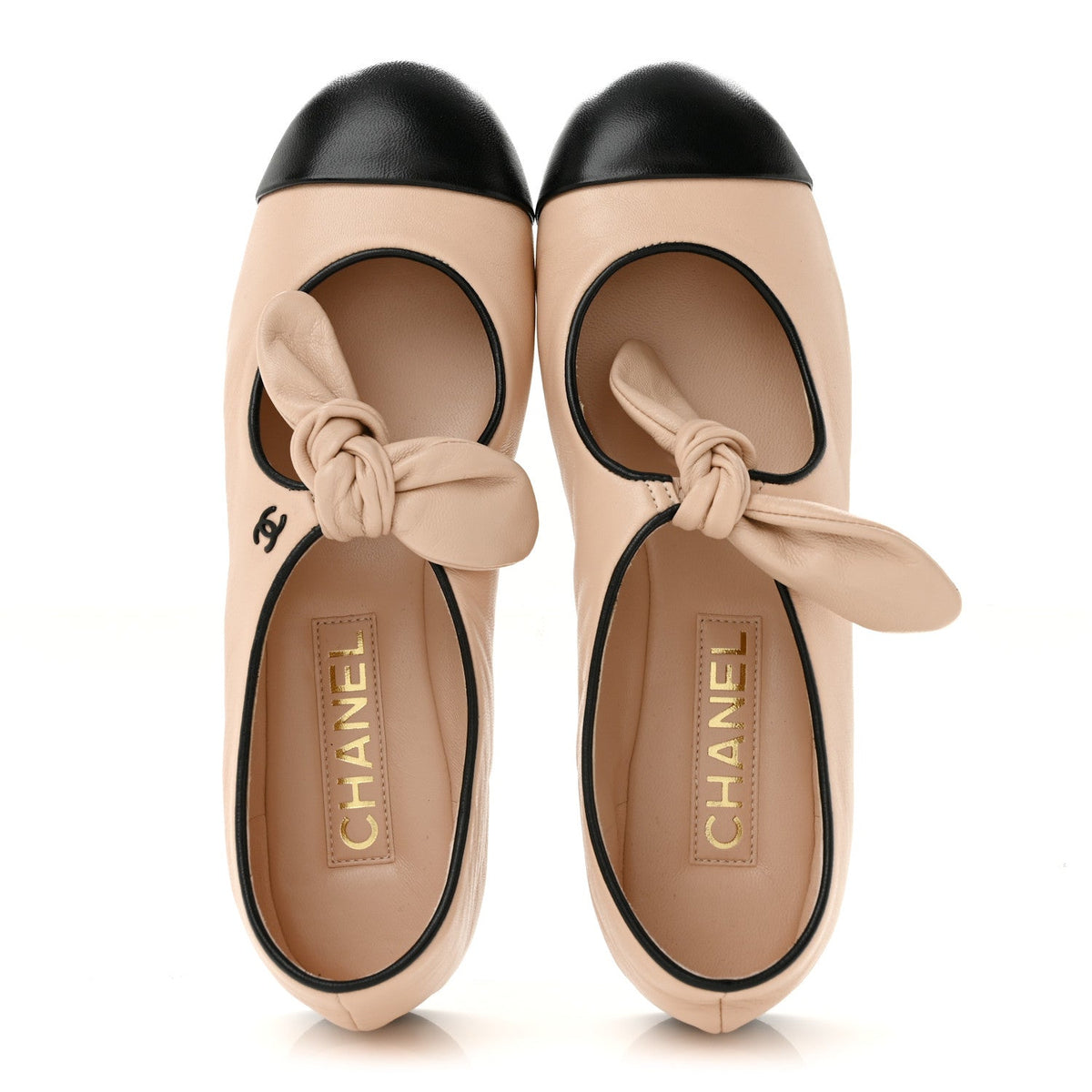 Lambskin Bow Mary Jane Flats 37 Beige Black