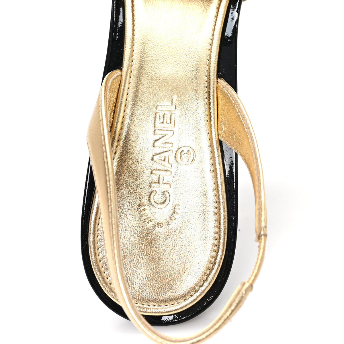 Laminated Lambskin Patent Cap Toe CC Apple Slingback Pumps 40 Gold Black