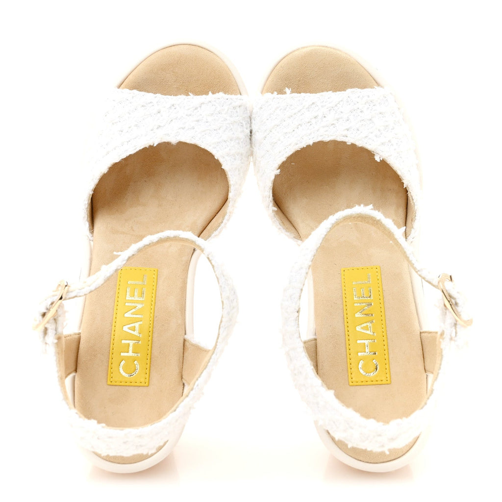 Tweed Cork CC Wedge Sandals 36.5 White