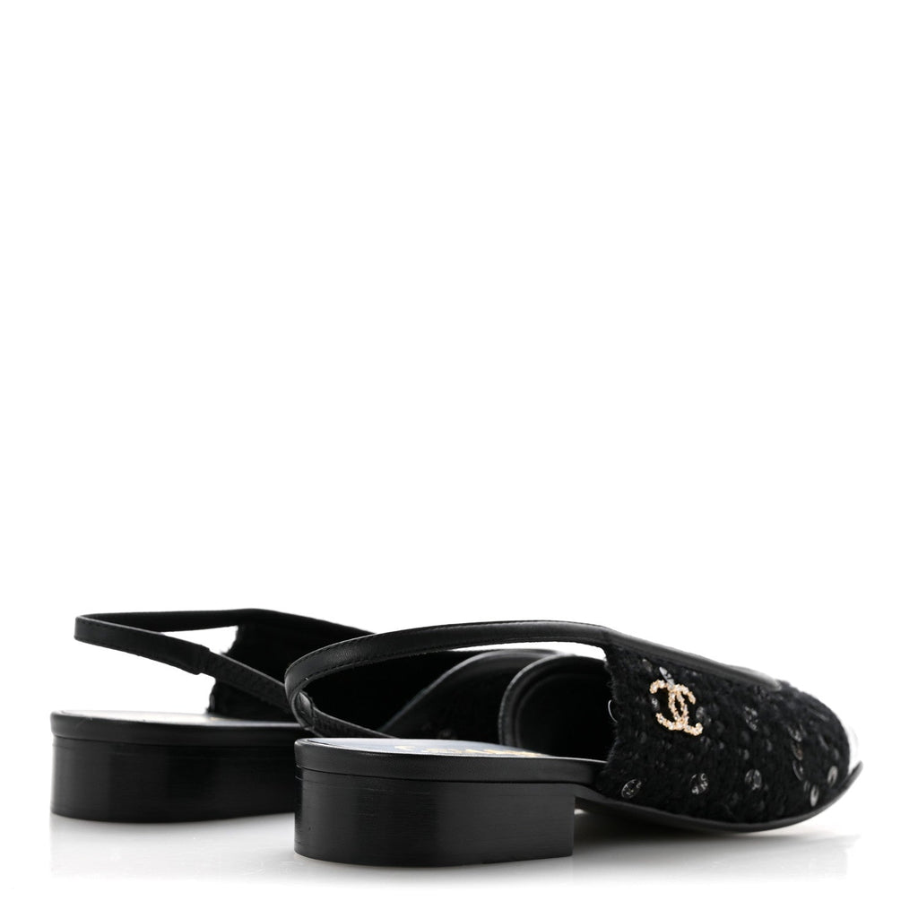 Tweed Patent Calfskin Cap Toe CC Slingback Flats 36 Black