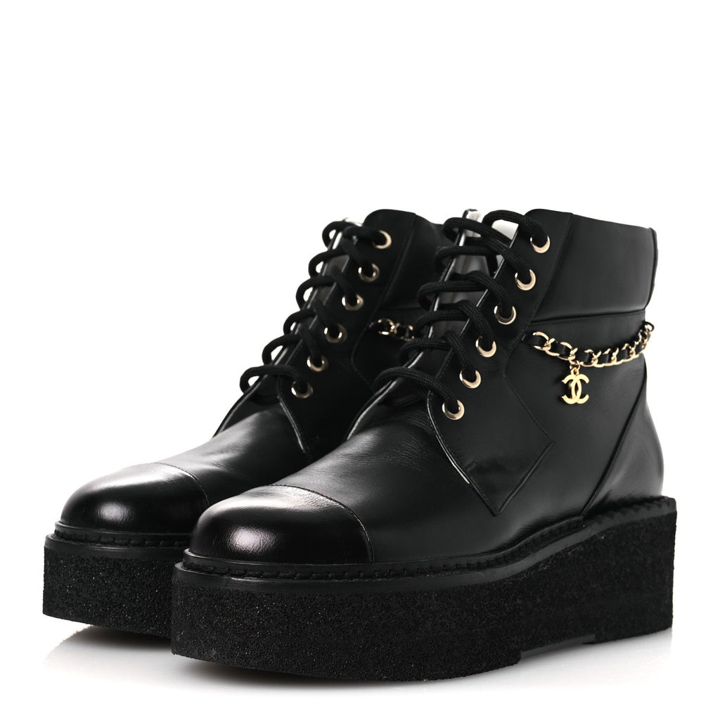 Calfskin Shiny Calfskin Chain Lace Up CC Short Boots 38.5 Black
