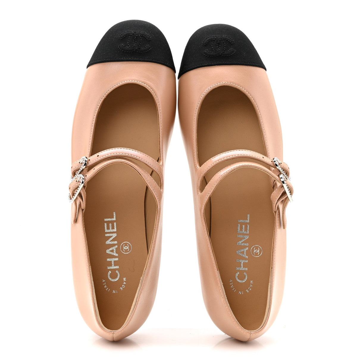 Lambskin Grosgrain Pearl Mary Jane Flats 38.5 Beige Black
