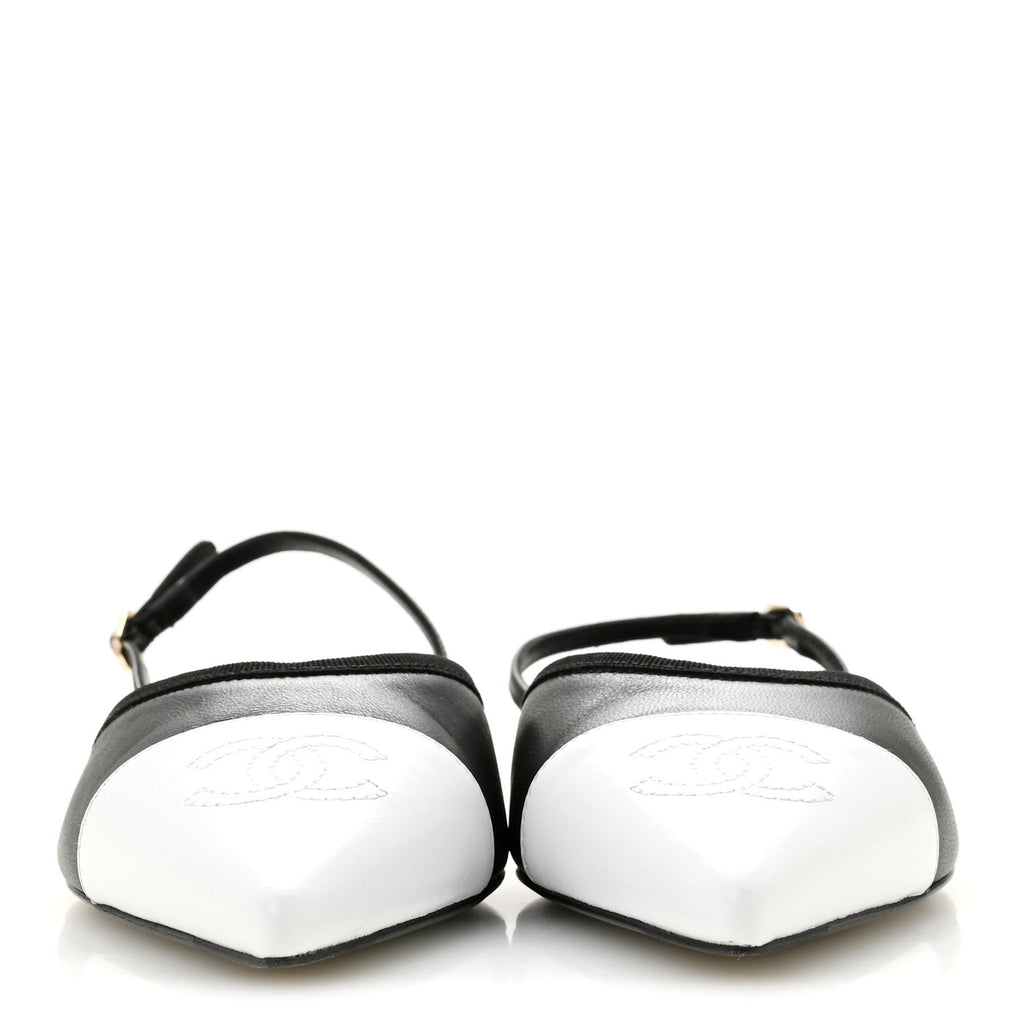 Iridescent Lambskin Cap Toe CC Slingback Flats 37 Black White