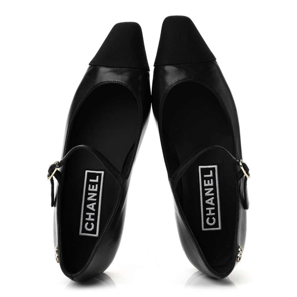 Lambskin Grosgrain Cap Toe CC Mary Jane Flats 37 Black