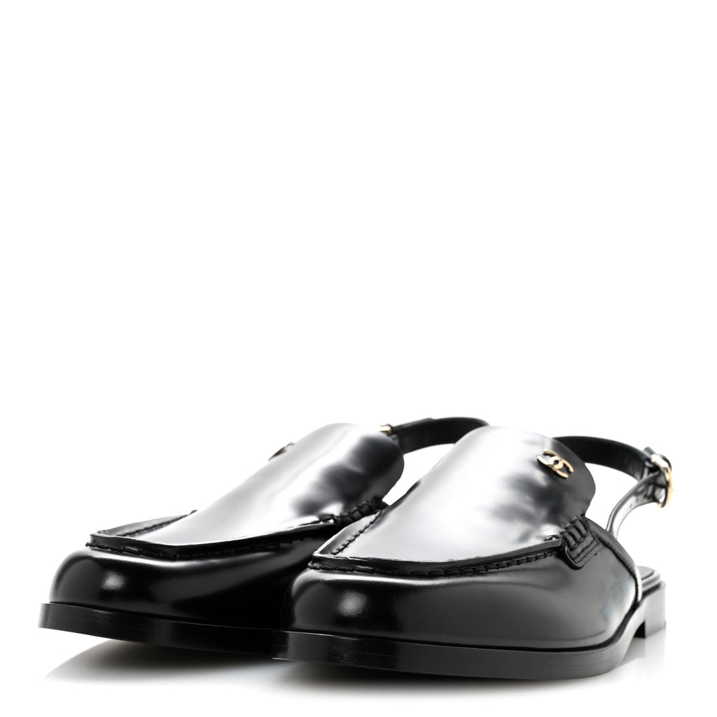 Shiny Calfskin Slingback Loafers 39.5 Black