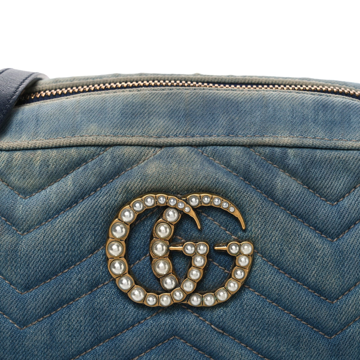 Denim Matelasse Small Pearly GG Marmont Chain Shoulder Bag Blue