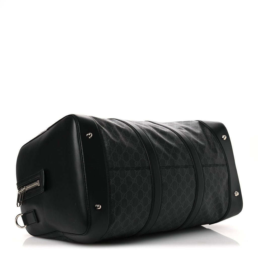 Soft GG Supreme Monogram Appia Calfskin Web Large Carry On Duffle Bag Black Grey