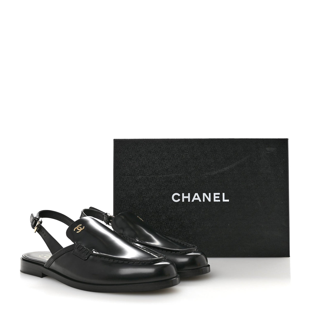 Shiny Calfskin Slingback Loafers 39.5  Black