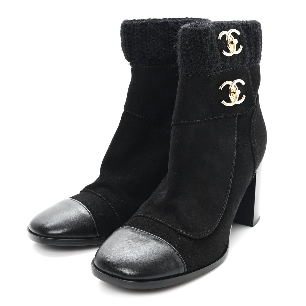Suede Lambskin Knit CC Short Boots 39 Black