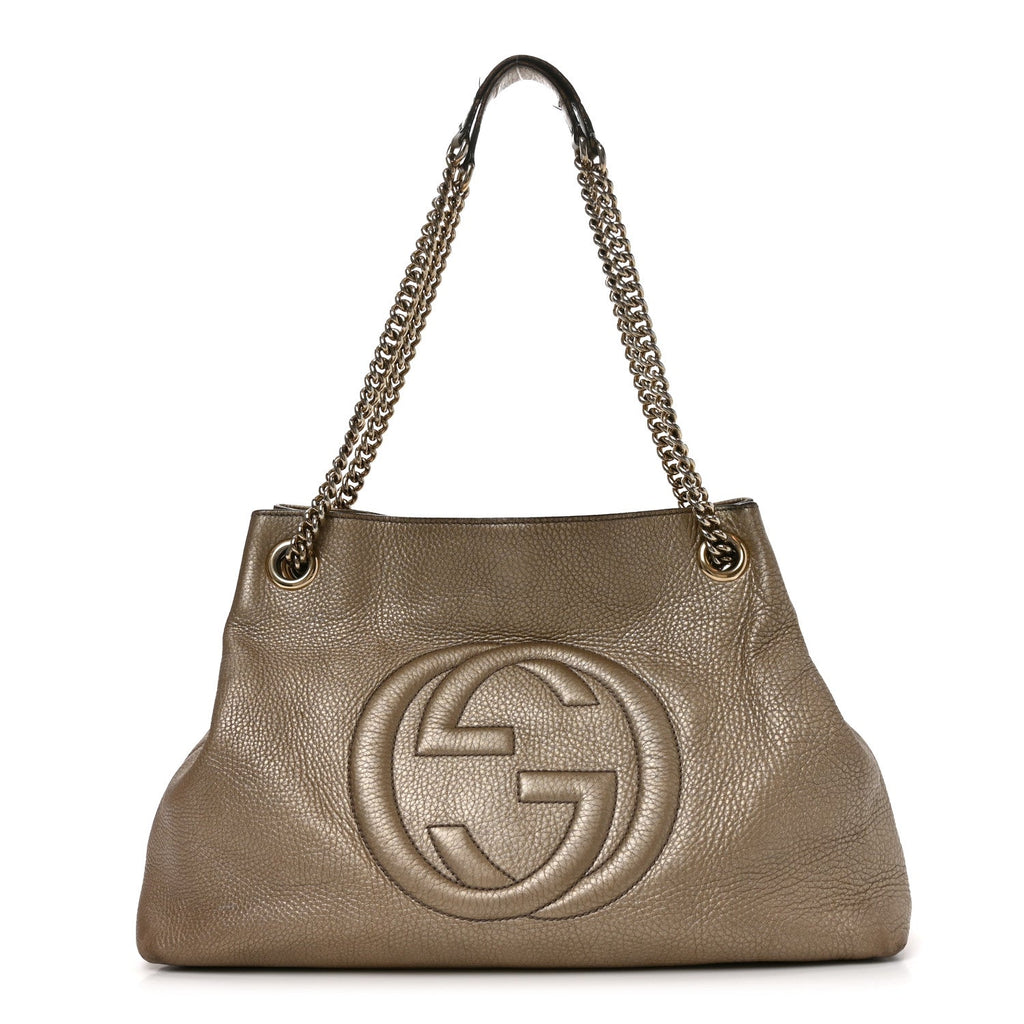 Metallic Pebbled Calfskin Medium Soho Chain Shoulder Bag Golden Beige