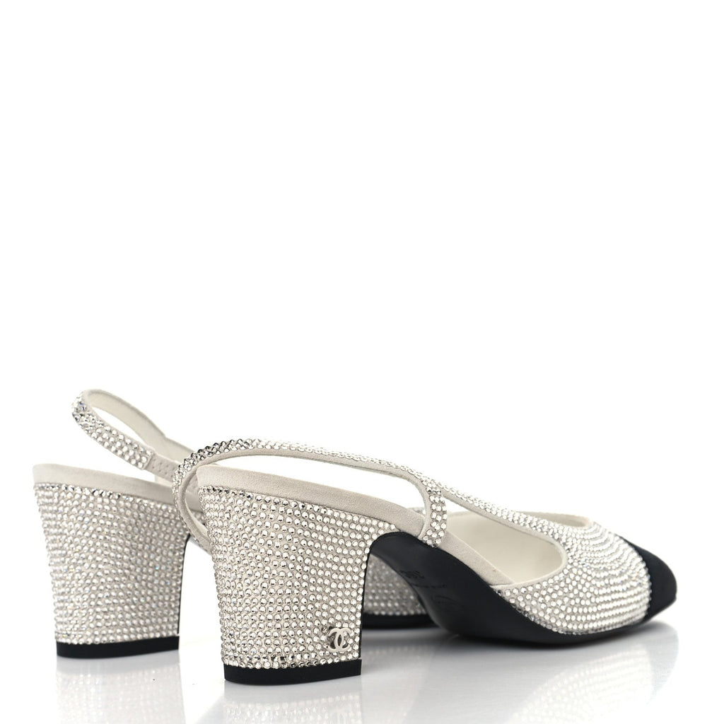 Strass Grosgrain Cap Toe CC Slingback Pumps 36 Silver Black