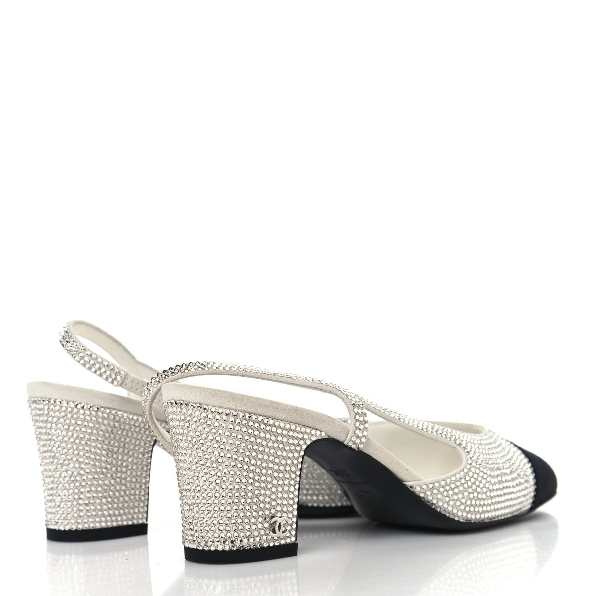 Strass Grosgrain Cap Toe CC Slingback Pumps 36 Silver Black