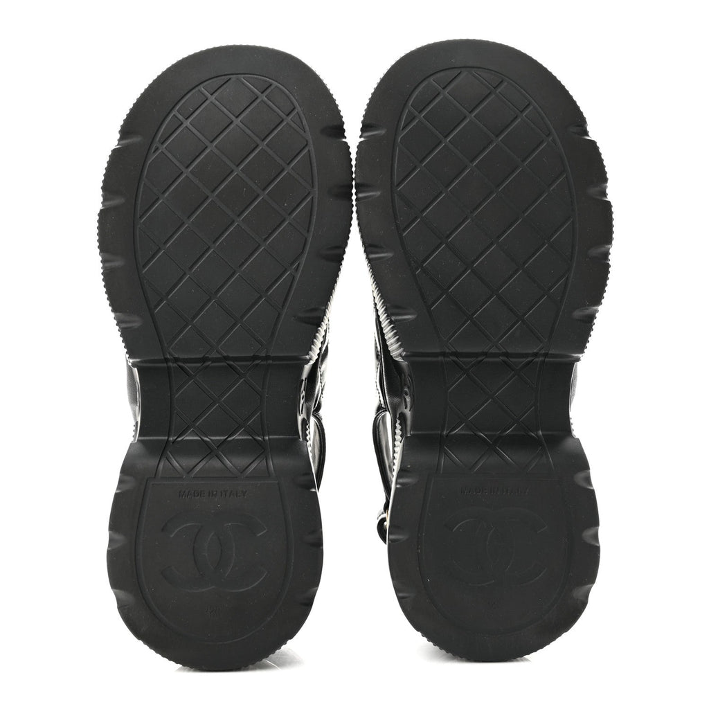 Shiny Calfskin Chain CC Velcro Dad Platform Sandals  38 Black