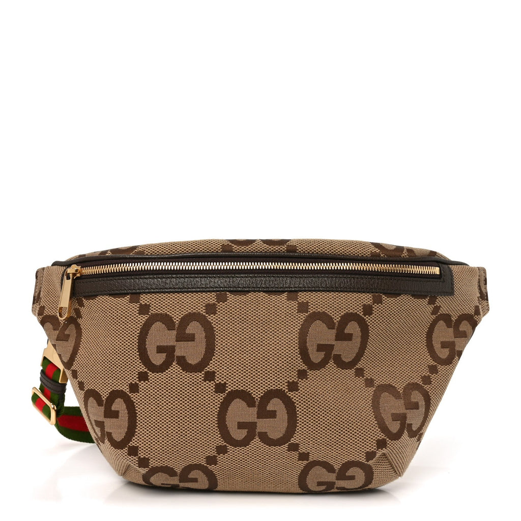 Monogram Jumbo GG Textured Dollar Calfskin Web Belt Bag Camel Ebony New Acero