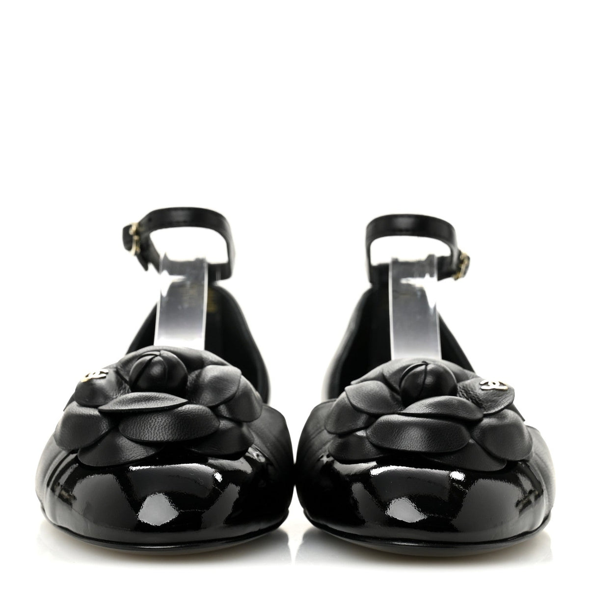 Lambskin Patent Calfskin Cap Toe Camellia Mary Jane Flats 36 Black