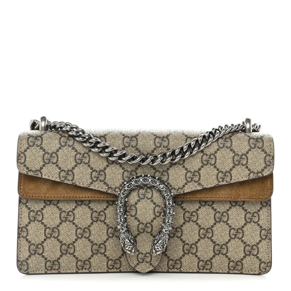 GG Supreme Monogram Suede Crystal Small Dionysus Shoulder Bag Beige Ebony Taupe