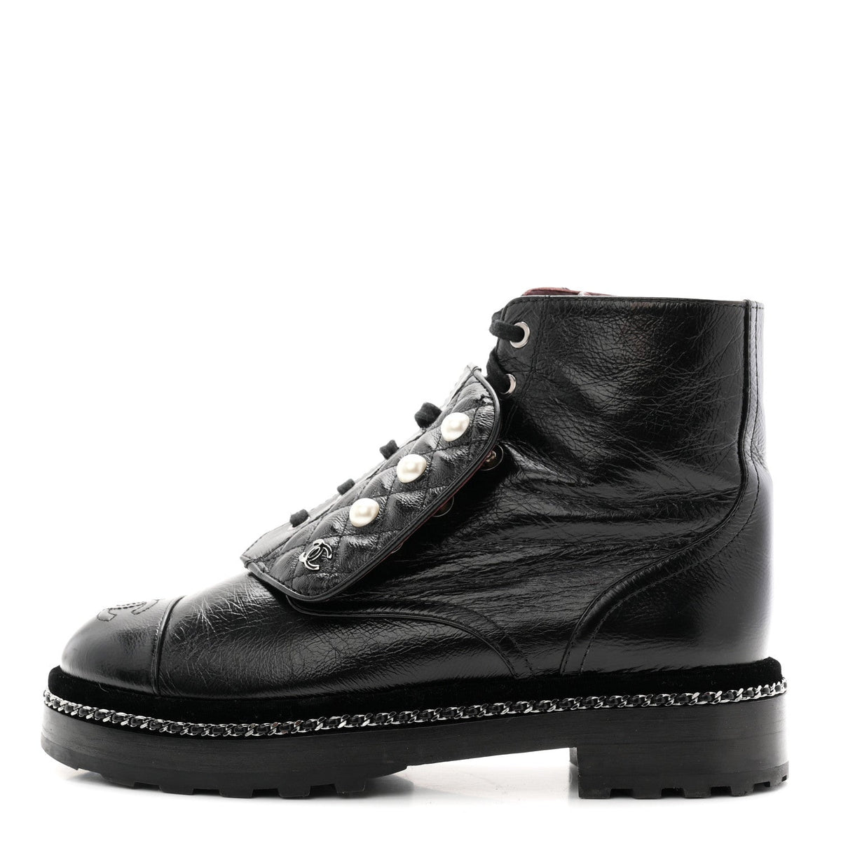 Crackled Calfskin Velvet Pearl Combat Short Boots 38 Black