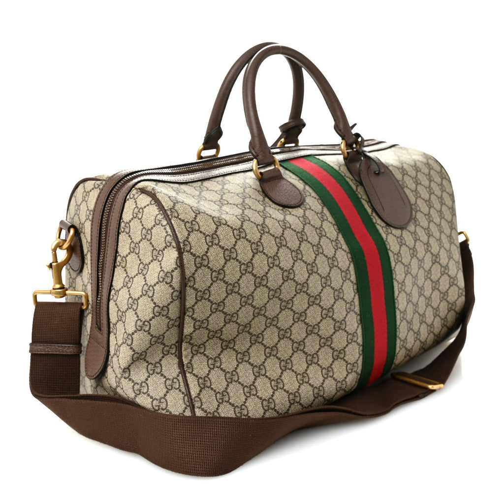 GG Supreme Monogram Textured Dollar Calfskin Web Medium Ophidia Carry-On Duffle Bag Beige Ebony New Acero