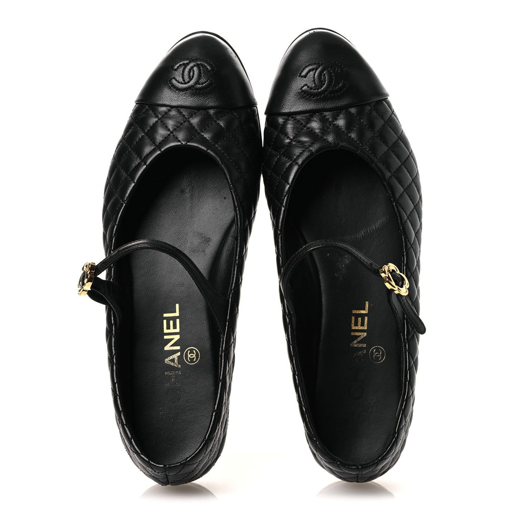 Lambskin Quilted Mary Jane Flats 38.5 Black