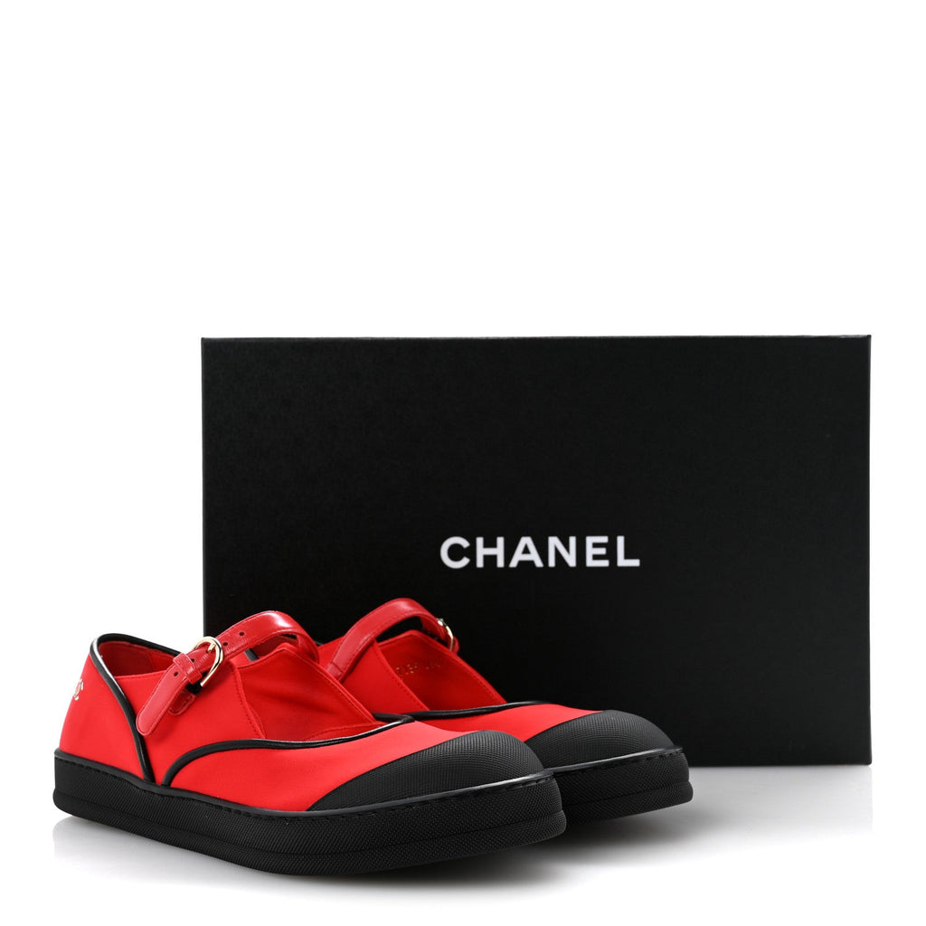 Mixed Fibers Rubber Cap Toe CC Coco Beach Mary Jane Sneakers 36.5 Red Black