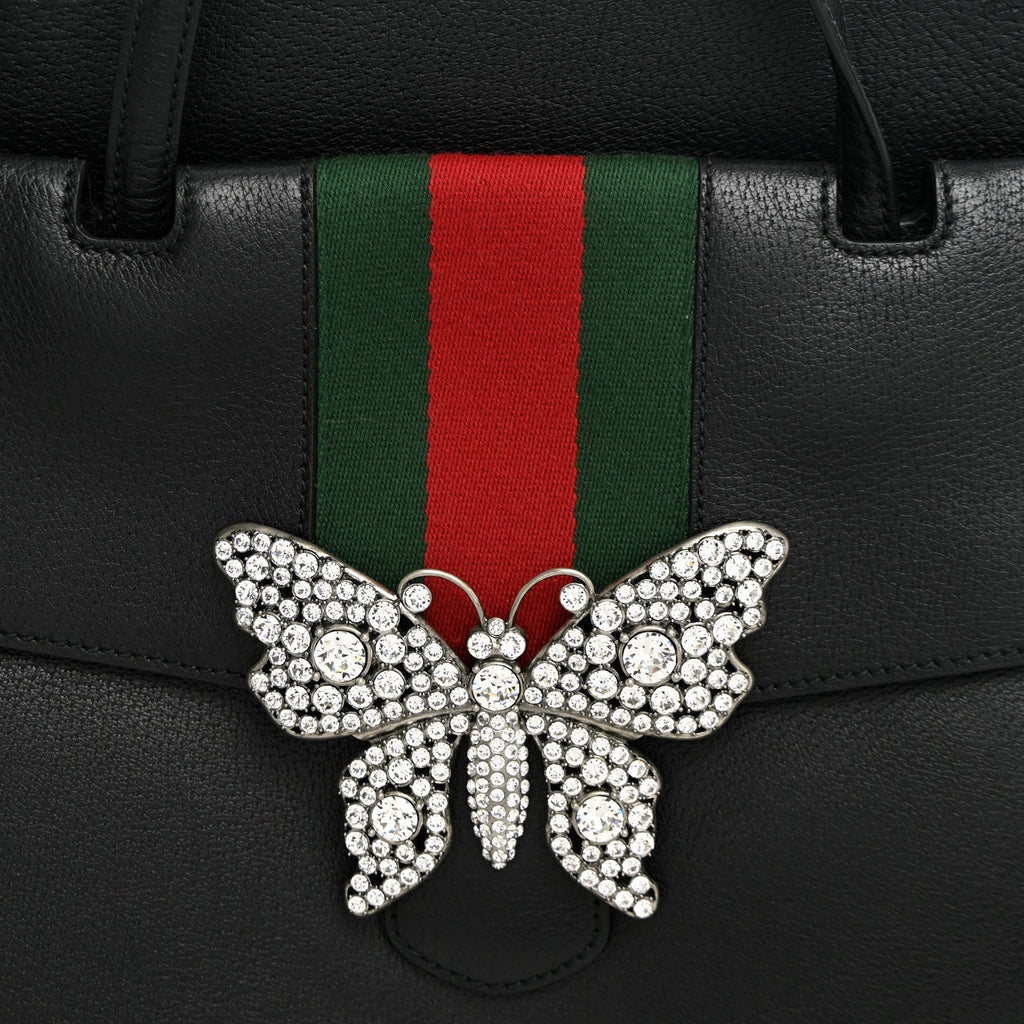 Grained Calfskin Web Crystal Butterfly Stripe Large Totem Top Handle Bag Black
