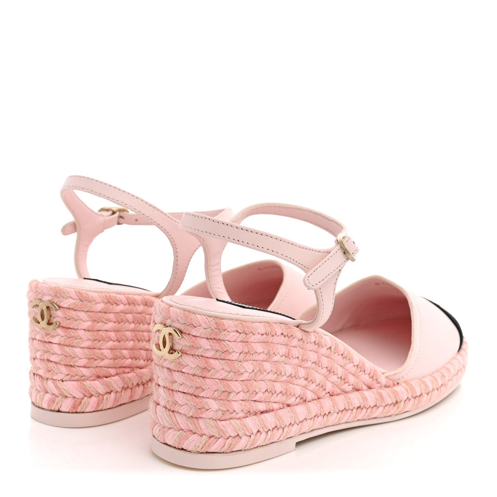Lambskin Grosgrain CC Espadrilles Wedges 38 Pink Black