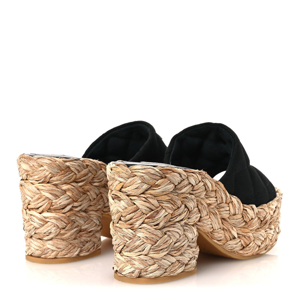 Canvas Raffia Wedge Sandals 35 Black