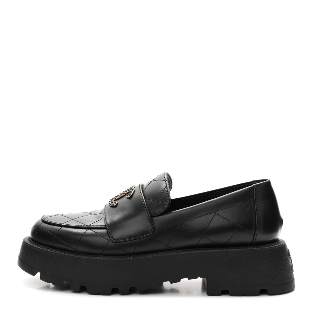 Calfskin Stitched CC Loafers 38.5 Black