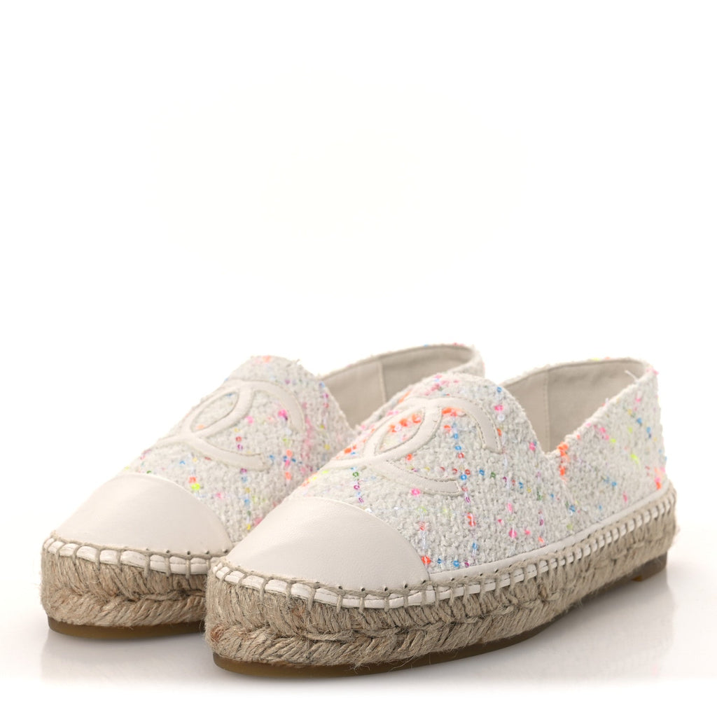 Glittered Tweed Lambskin CC Espadrilles 36  White Multicolor