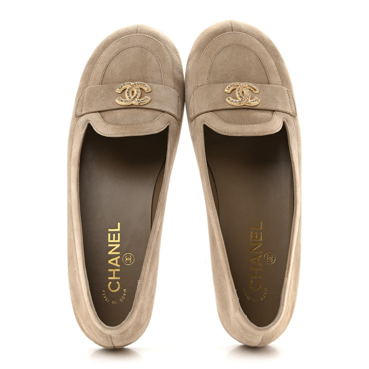Suede Crystal CC Mocassin Loafers 39.5 Beige