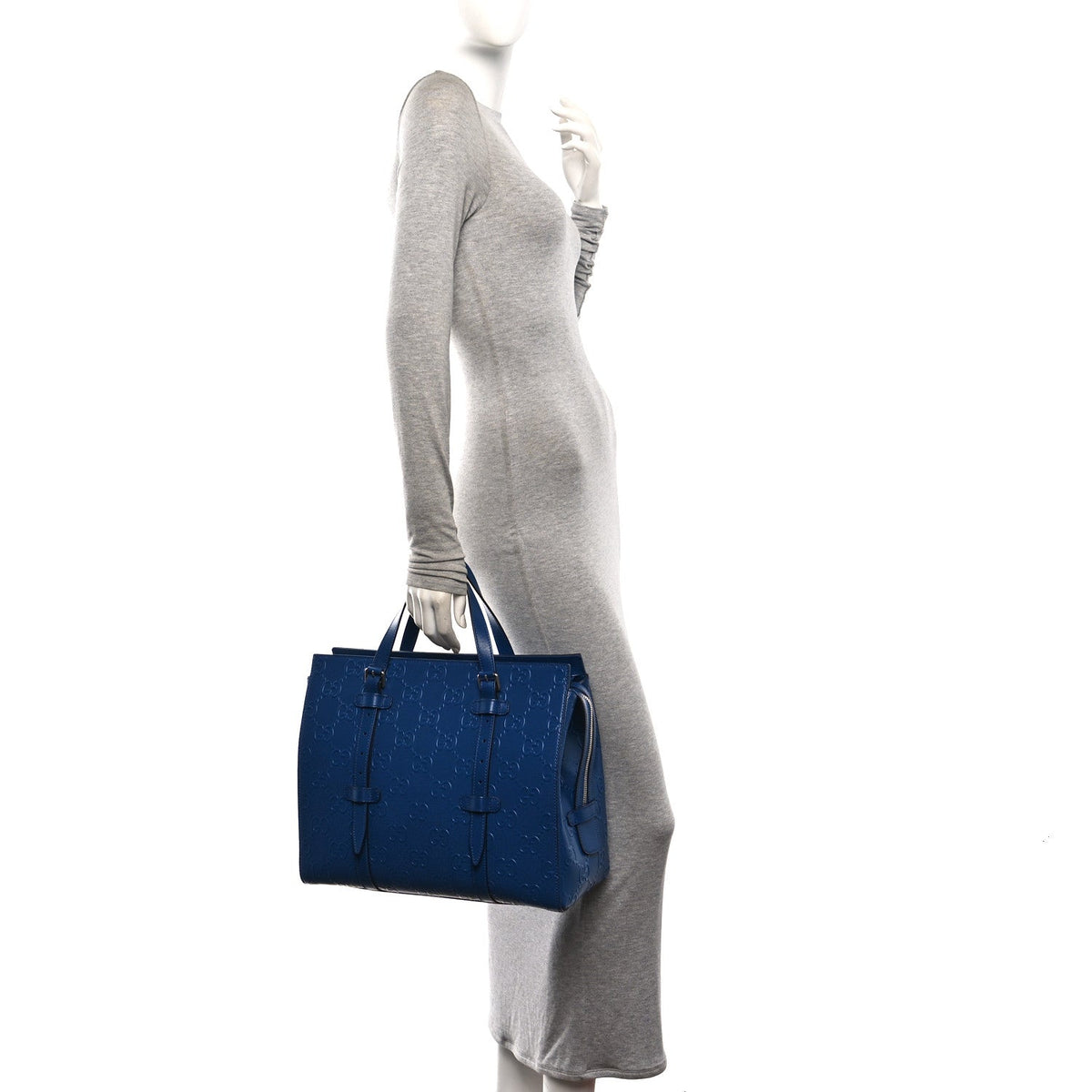 Calfskin GG Tennis Embossed Tote Bag Intense Metal Blue