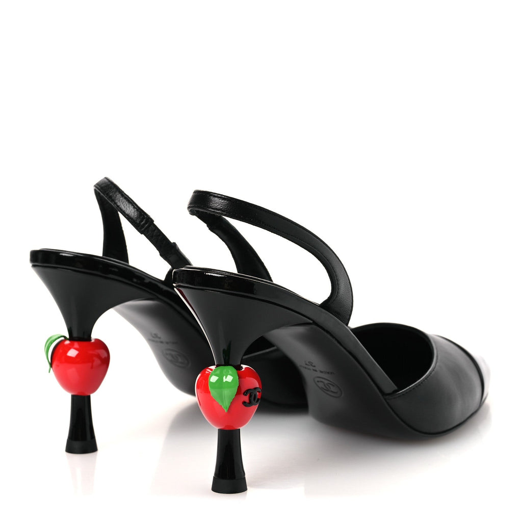 Lambskin Patent Cap Toe CC Apple Slingback Pumps 37 Black